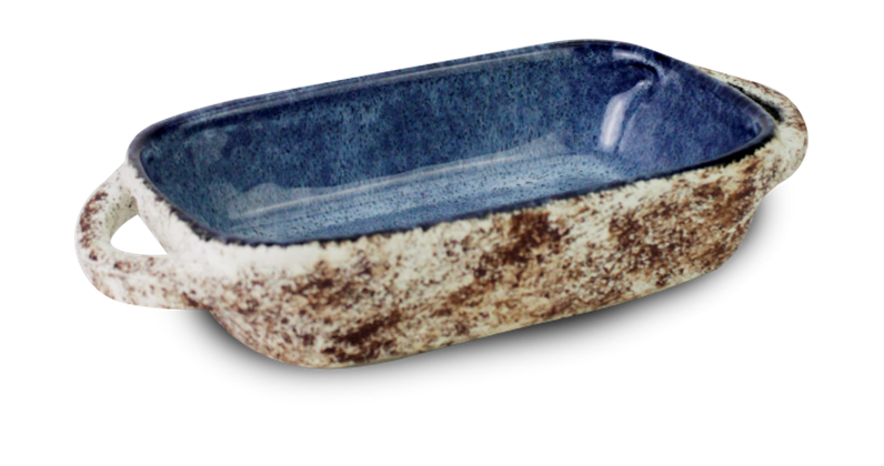 Sonictoria: 9.5 in Rustic Coral Blue Ceramic Rectangular Lasagna Bowl with Handles, Microwave and Oven Safe