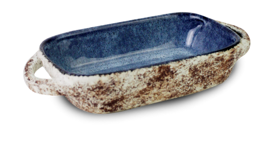 Sonictoria: 9.5 in Rustic Coral Blue Ceramic Rectangular Lasagna Bowl with Handles, Microwave and Oven Safe